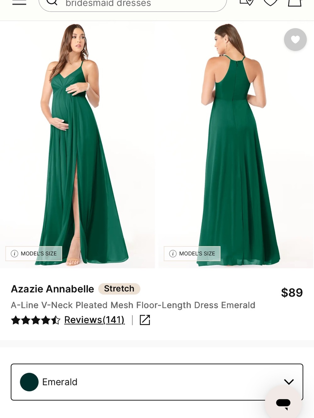 Azazie Emerald A-Line V-Neck Pleated Maxi Dress
